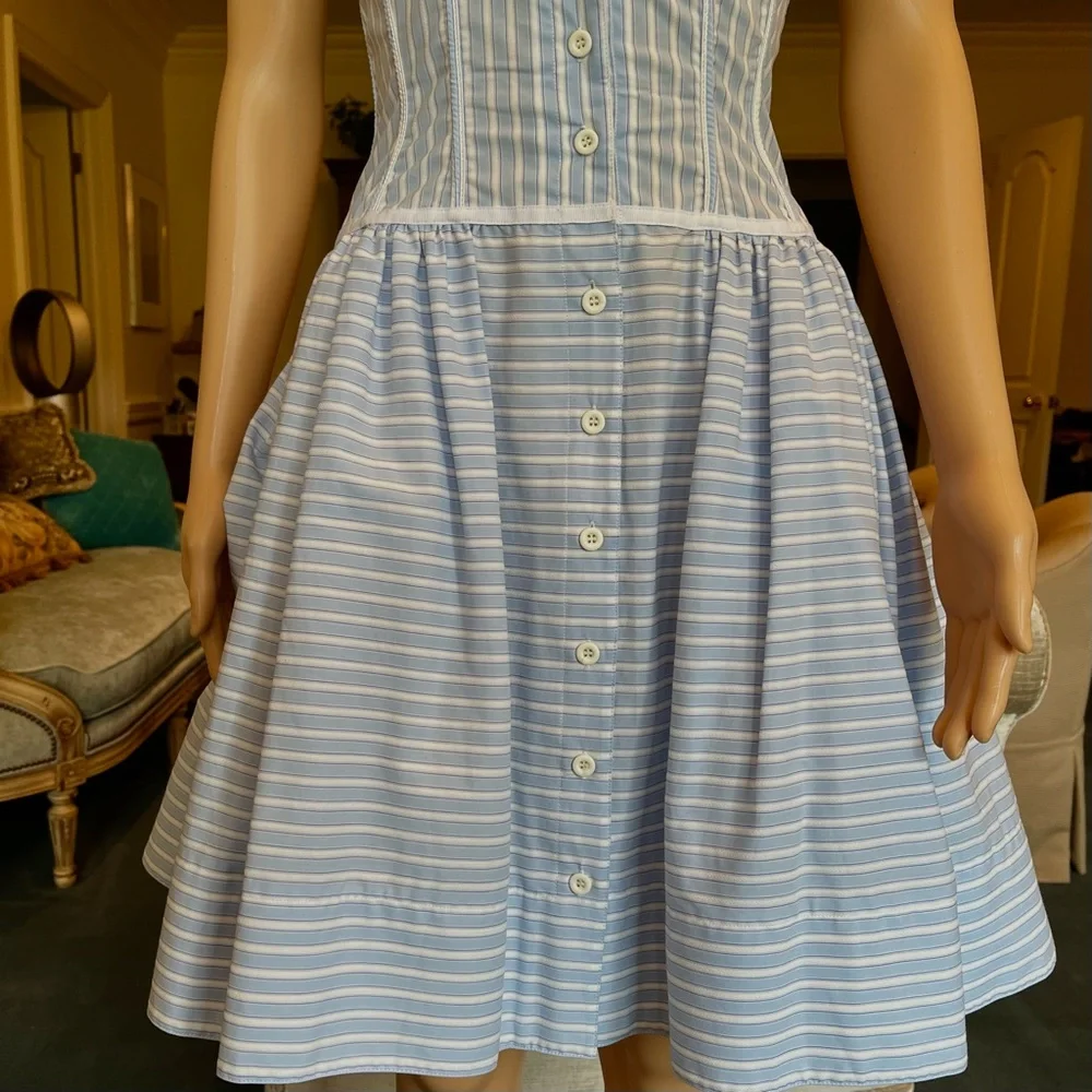 Byron Lars Beauty Mark Blue & White Striped Collared Sleeves Dress w/ Bow Detail - Picture 5 of 7